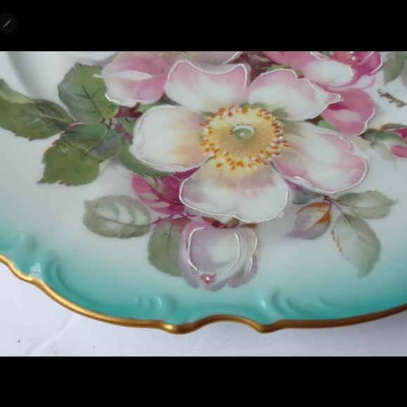 Vintage Porzellanmalerei Parbus Teal Rose Hand Painted Signed Decorative Plate - Picture 6 of 8